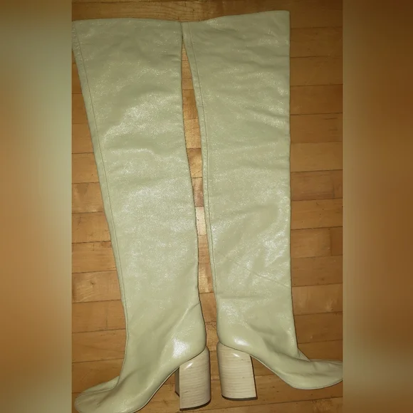 Jil Sander Cream 100% lambskin leather thigh high round toe block heel boots 10 - Picture 9 of 16